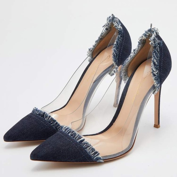 Gianvito Rossi Shoes - Gianvito Rossi Navy Blue Denim and PVC Plexi Pointed Toe Pumps